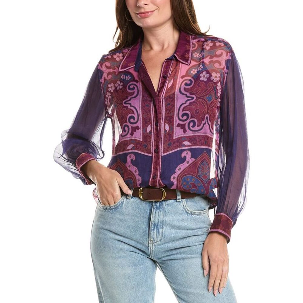 Johnny Was Womens Itzel Button-Down Silk Shirt, Purple